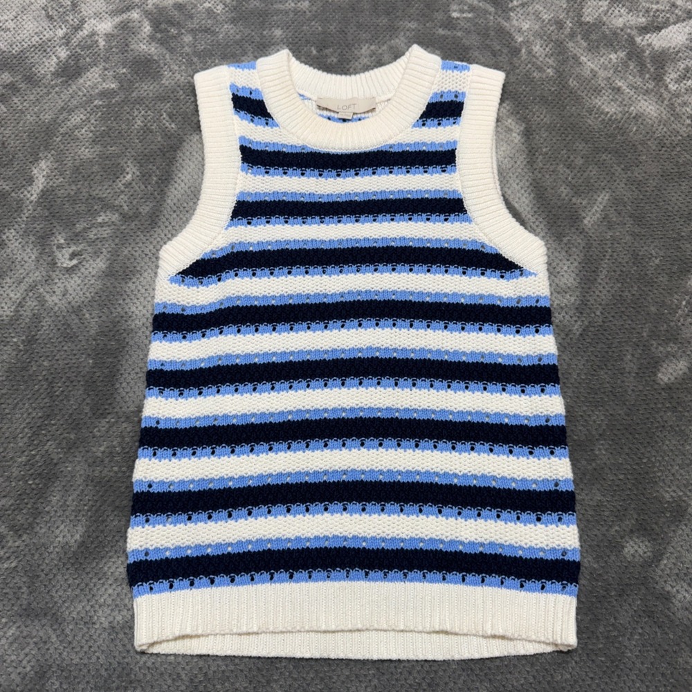 Loft Womens XS Blue White Striped Pointelle Knit Sweater Vest Sleeveless Top